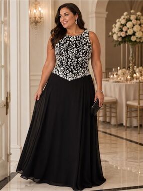 J Kara Black and White Embroidered Maxi Dress